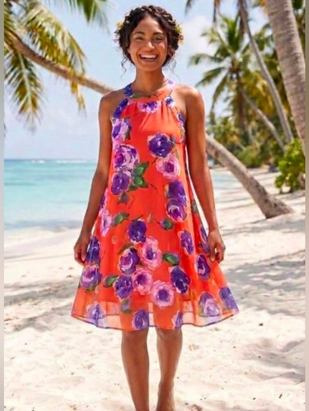 Betsy Johnson Floral Halter Swing dress 36" length Coral+Purple Blooms sz 6